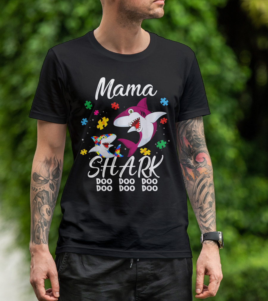 Mama Shark Autism Awareness Doo Doo Doo Puzzle Pieces T-Shirt