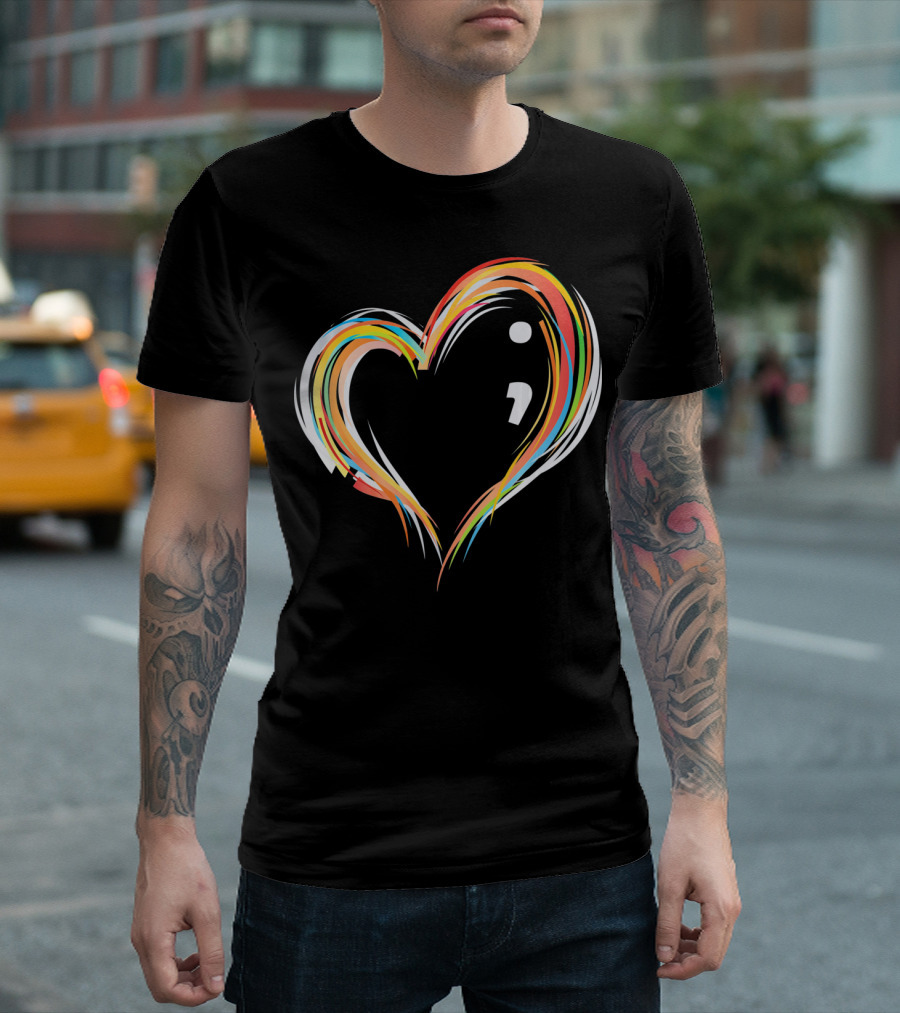 Heart Semicolon Rainbow Design for Mental Health Awareness T-Shirt