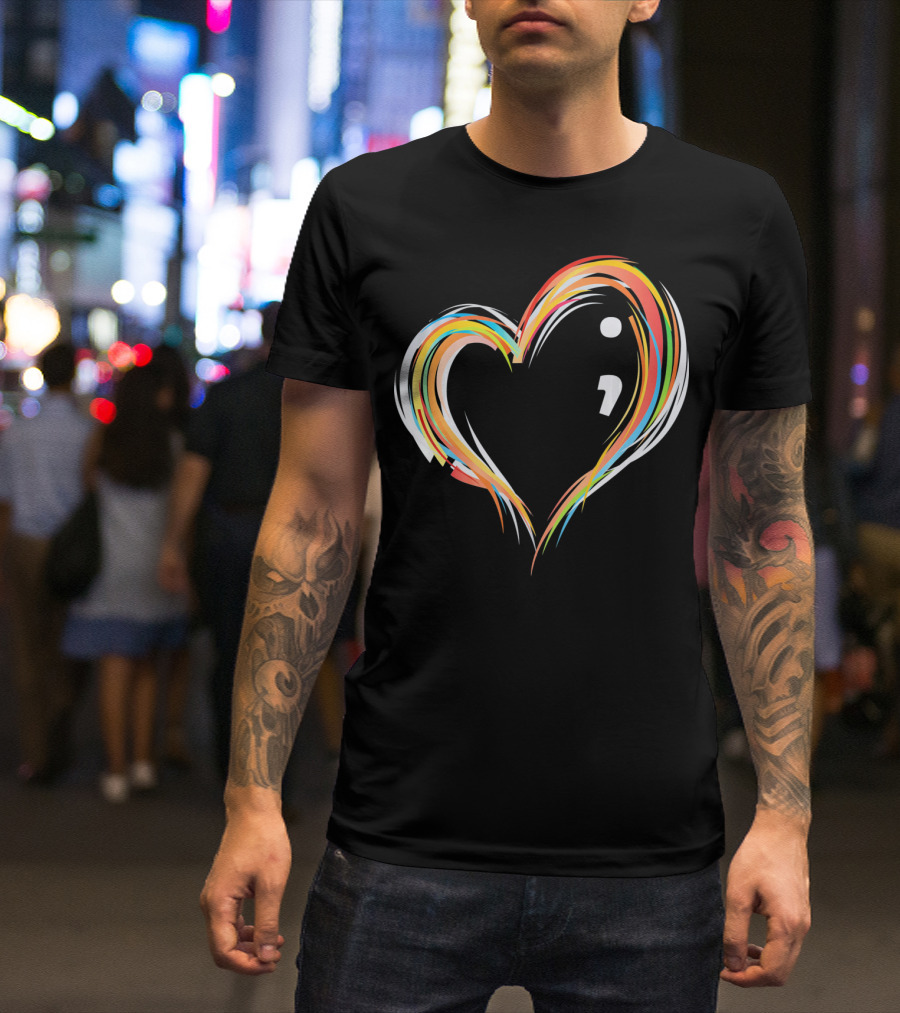 Heart Semicolon Rainbow Design For Mental Health Awareness T-Shirt
