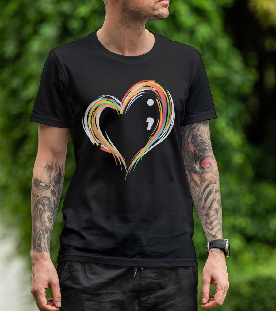 Heart Semicolon Rainbow Design For Mental Health Awareness T-Shirt