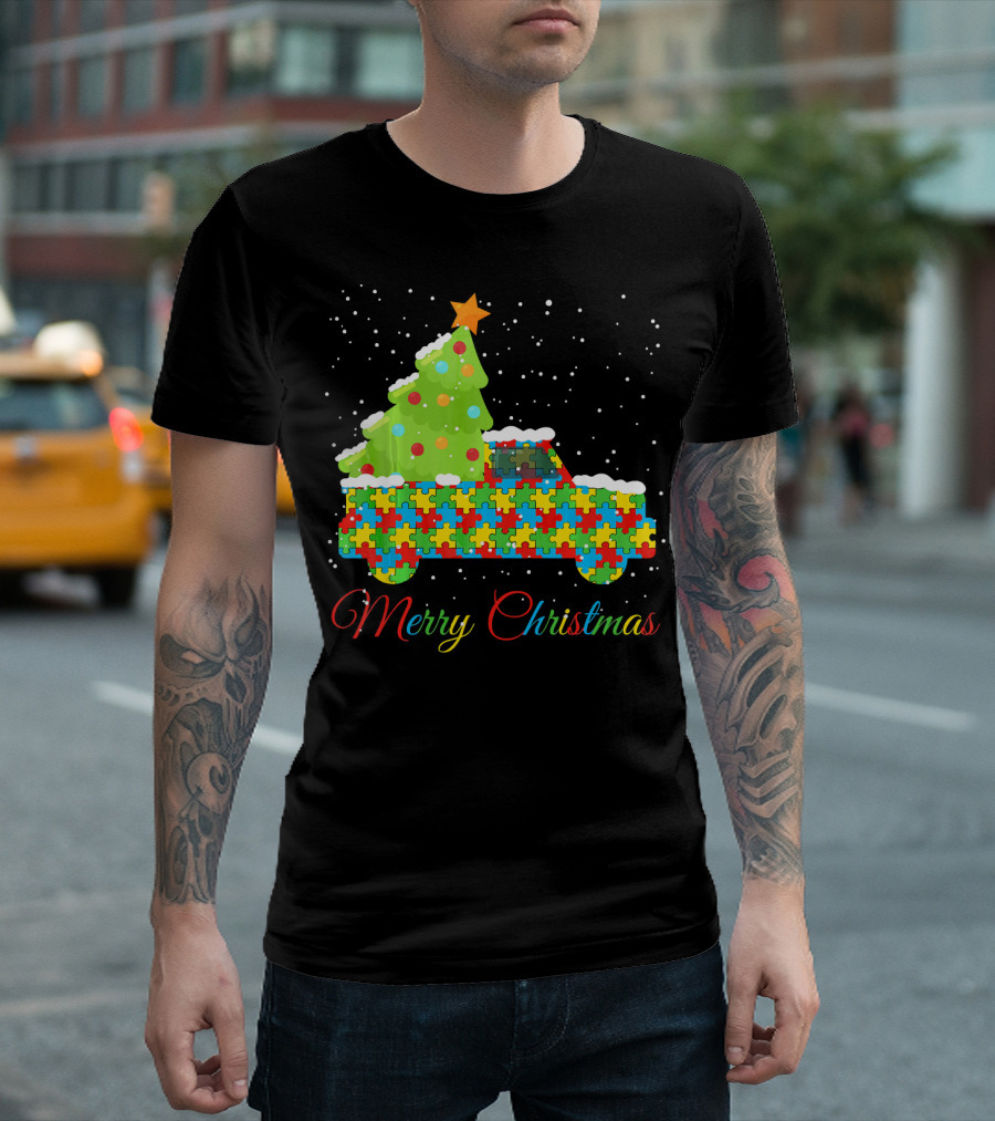 Merry Christmas Puzzle Truck Autism Awareness T-Shirt