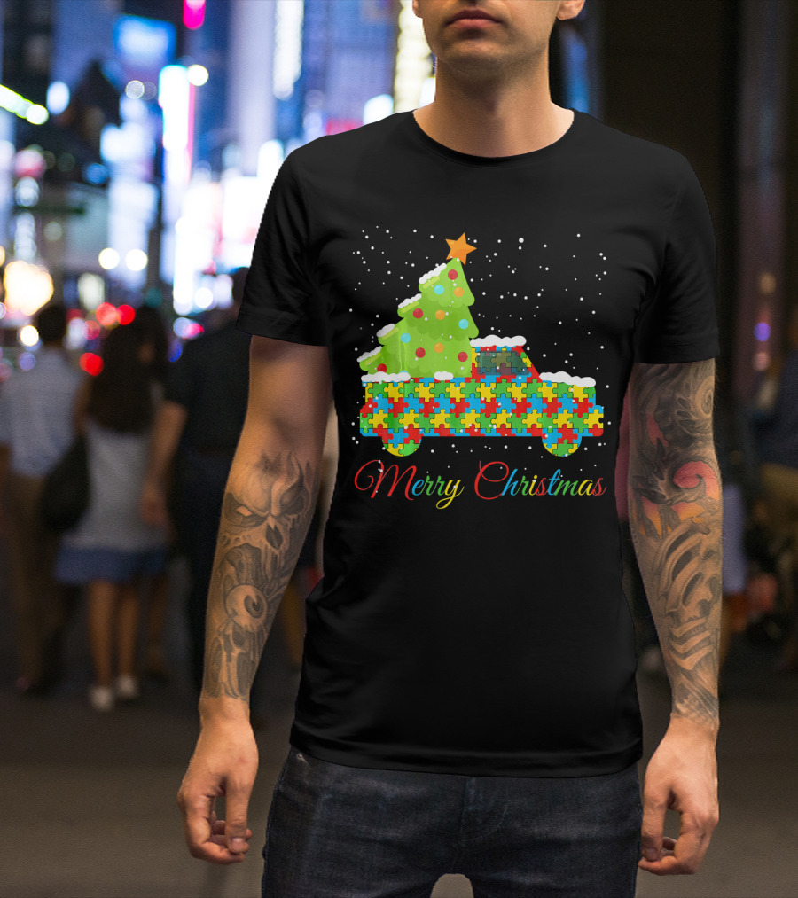 Merry Christmas Puzzle Truck Autism Awareness T-Shirt