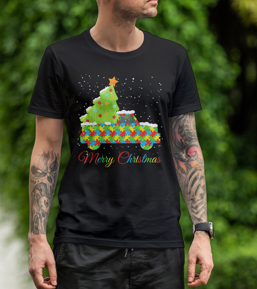 Merry Christmas Puzzle Truck Autism Awareness T-Shirt
