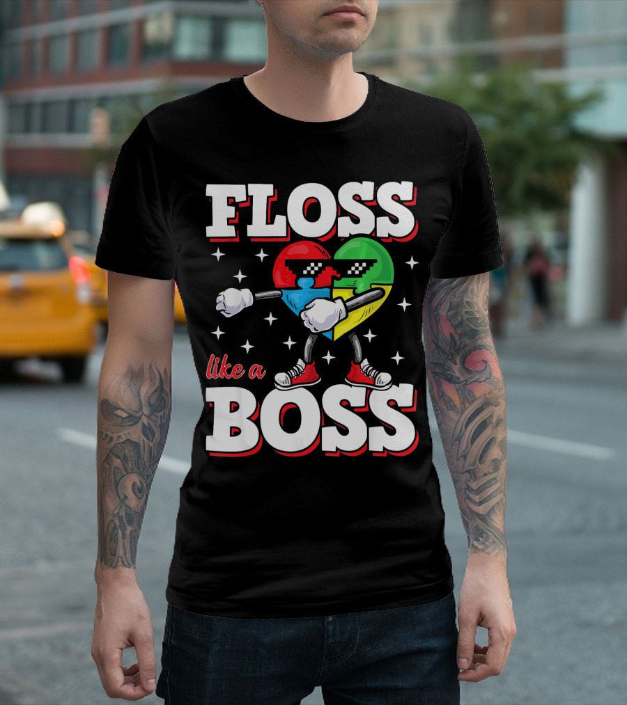 Floss Like A Boss Autism Awareness Heart With Cool Sunglasses T-Shirt