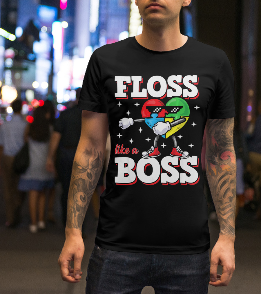 Floss Like A Boss Autism Awareness Heart With Cool Sunglasses T-Shirt