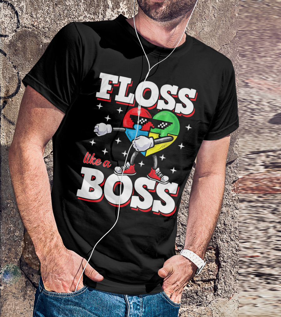 Floss Like A Boss Autism Awareness Heart With Cool Sunglasses T-Shirt