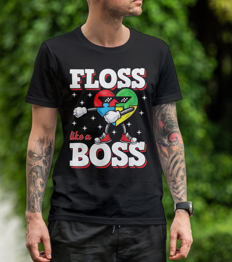 Floss Like A Boss Autism Awareness Heart With Cool Sunglasses T-Shirt