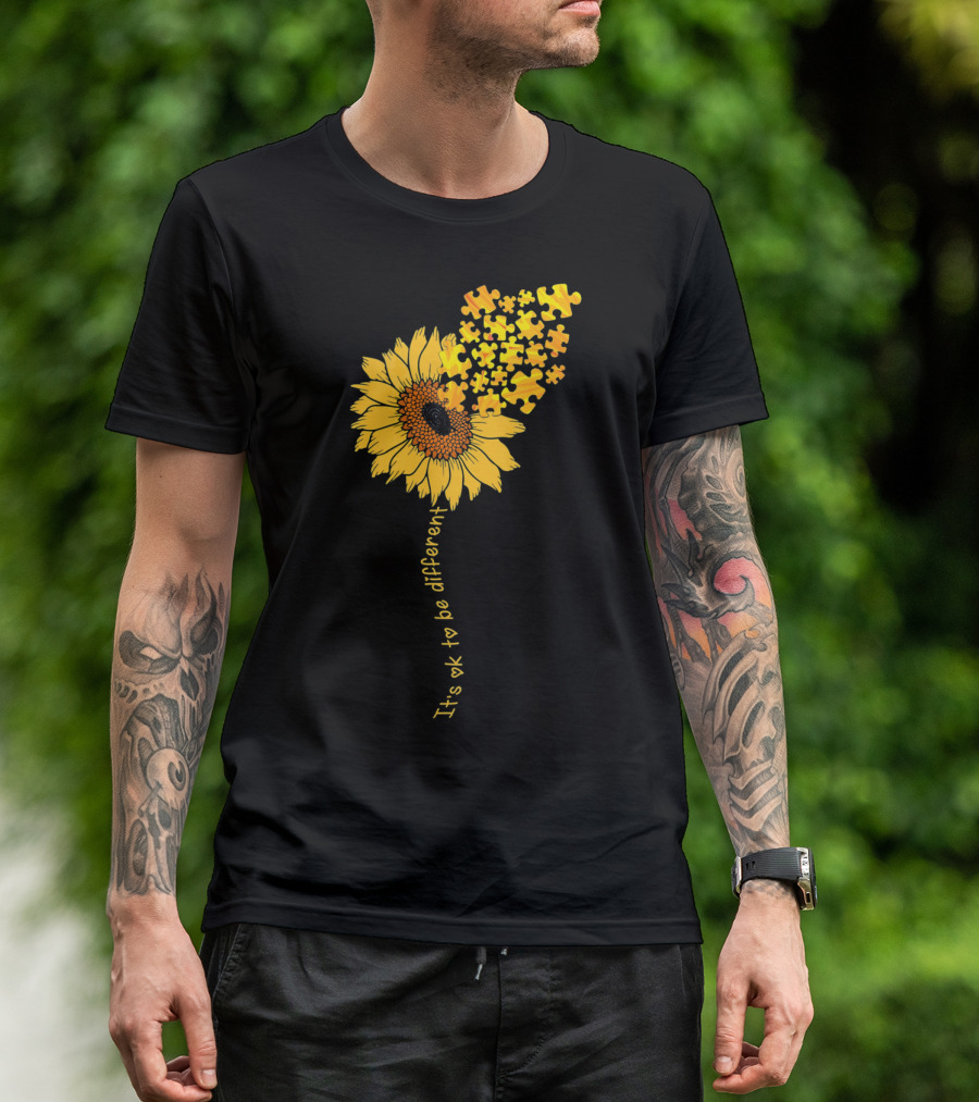 Love Sunflower Puzzle It's OK To Be Different Autism Awareness T-Shirt