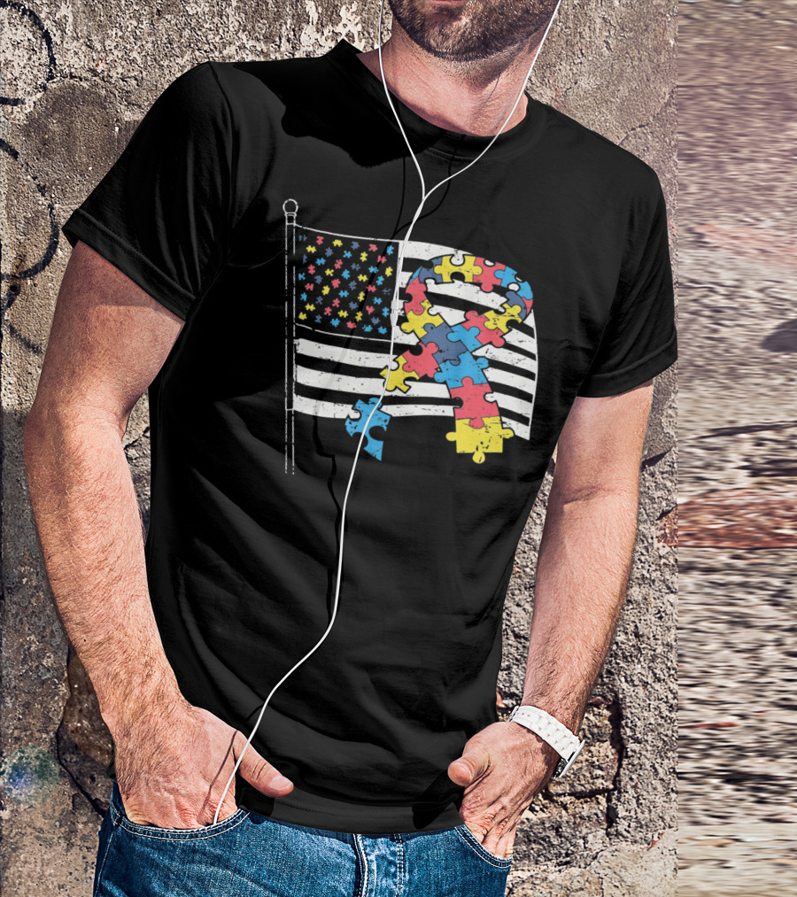 American Distressed Flag Puzzle Ribbon Autism Awareness T-Shirt