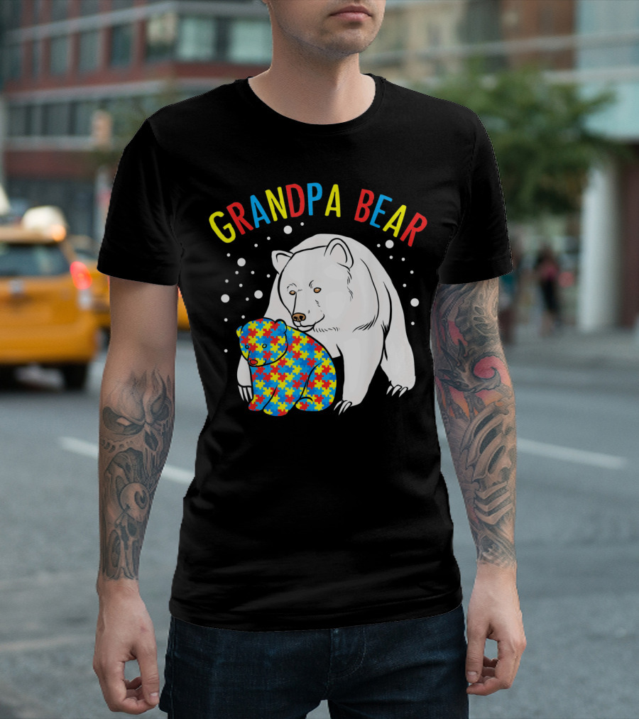 Grandpa Bear Mens Autism Awareness Puzzle Bear T-Shirt