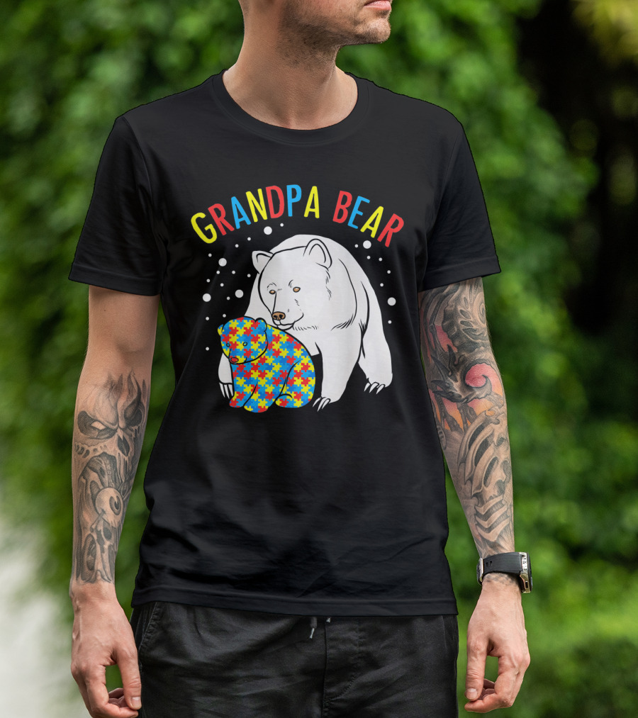 Grandpa Bear Mens Autism Awareness Puzzle Bear T-Shirt