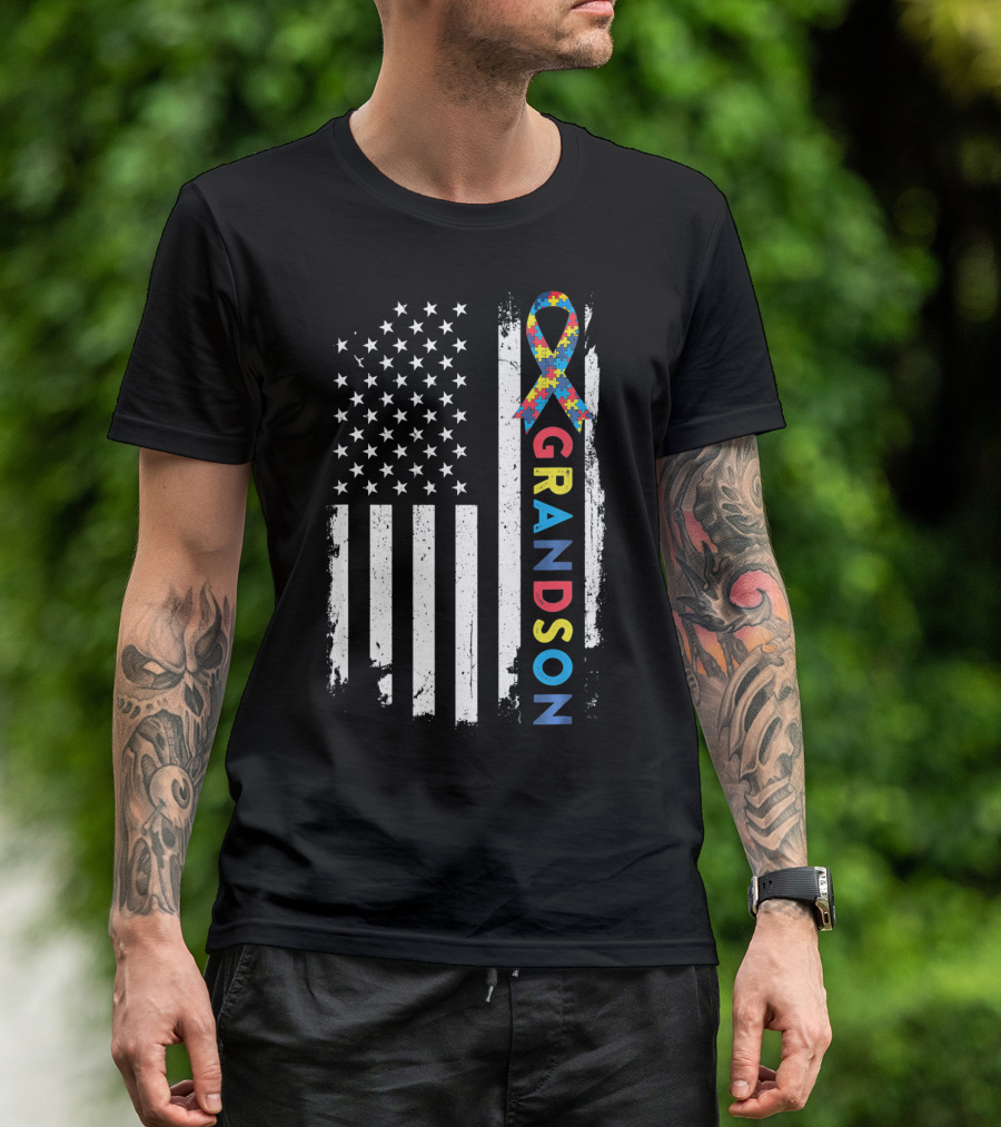 Autism Awareness American Flag Grandson Kids T-Shirt