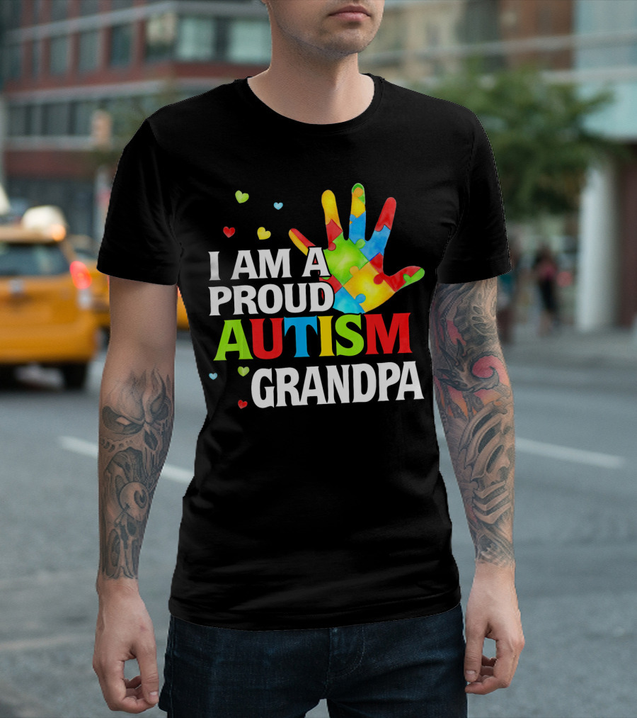 I Am a Proud Autism Grandpa Colorful Puzzle Hand Heart Accents T-Shirt