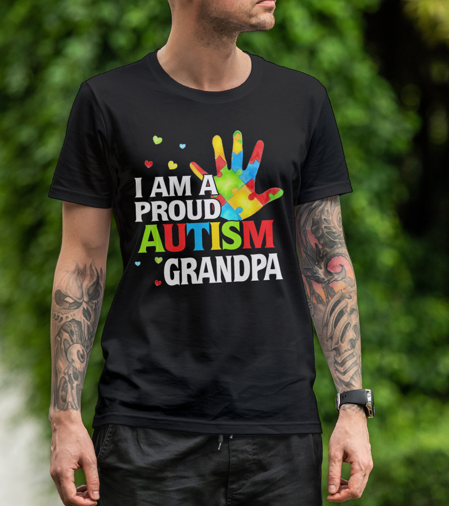 I Am A Proud Autism Grandpa Colorful Puzzle Hand Heart Accents T-Shirt