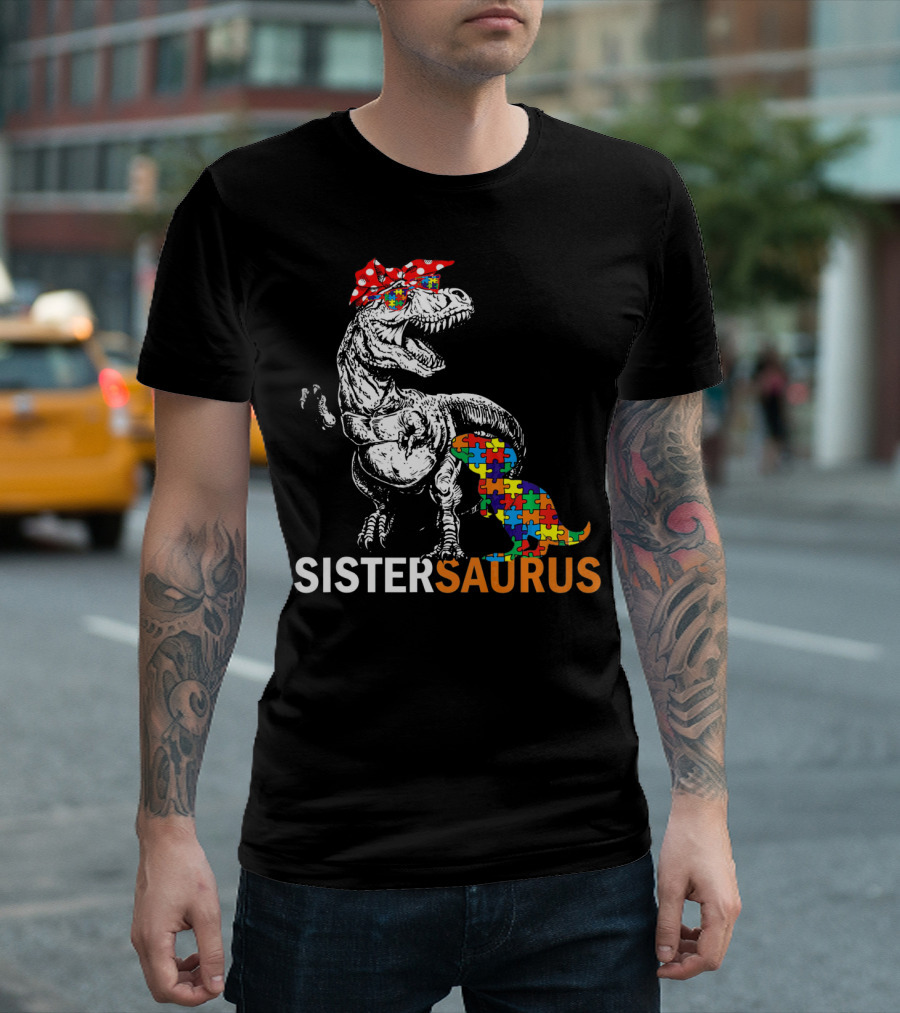 Sister Saurus Autism Awareness Dinosaur Puzzle Print T-Shirt