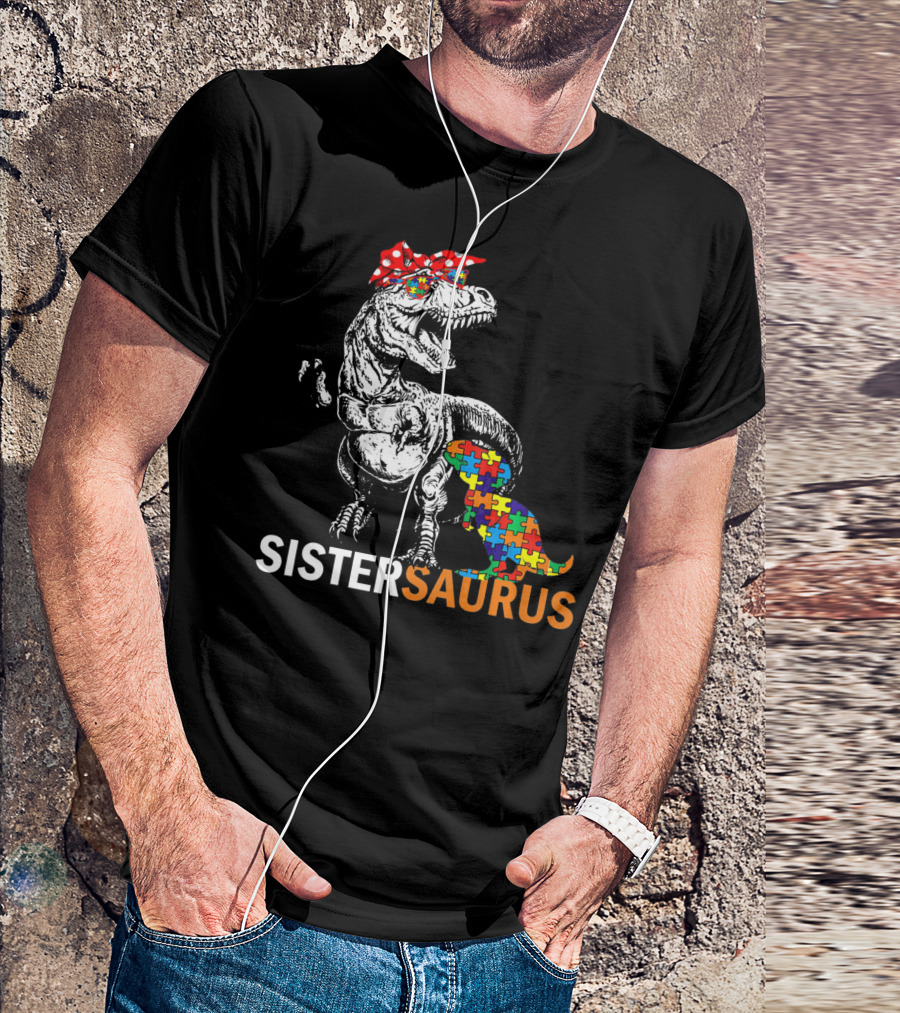 Sister Saurus Autism Awareness Dinosaur Puzzle Print T-Shirt