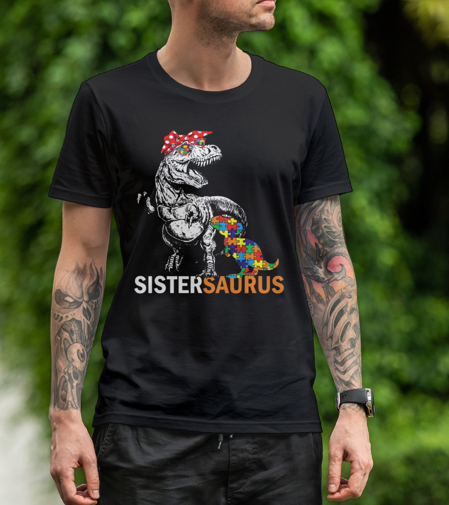 Sister Saurus Autism Awareness Dinosaur Puzzle Print T-Shirt