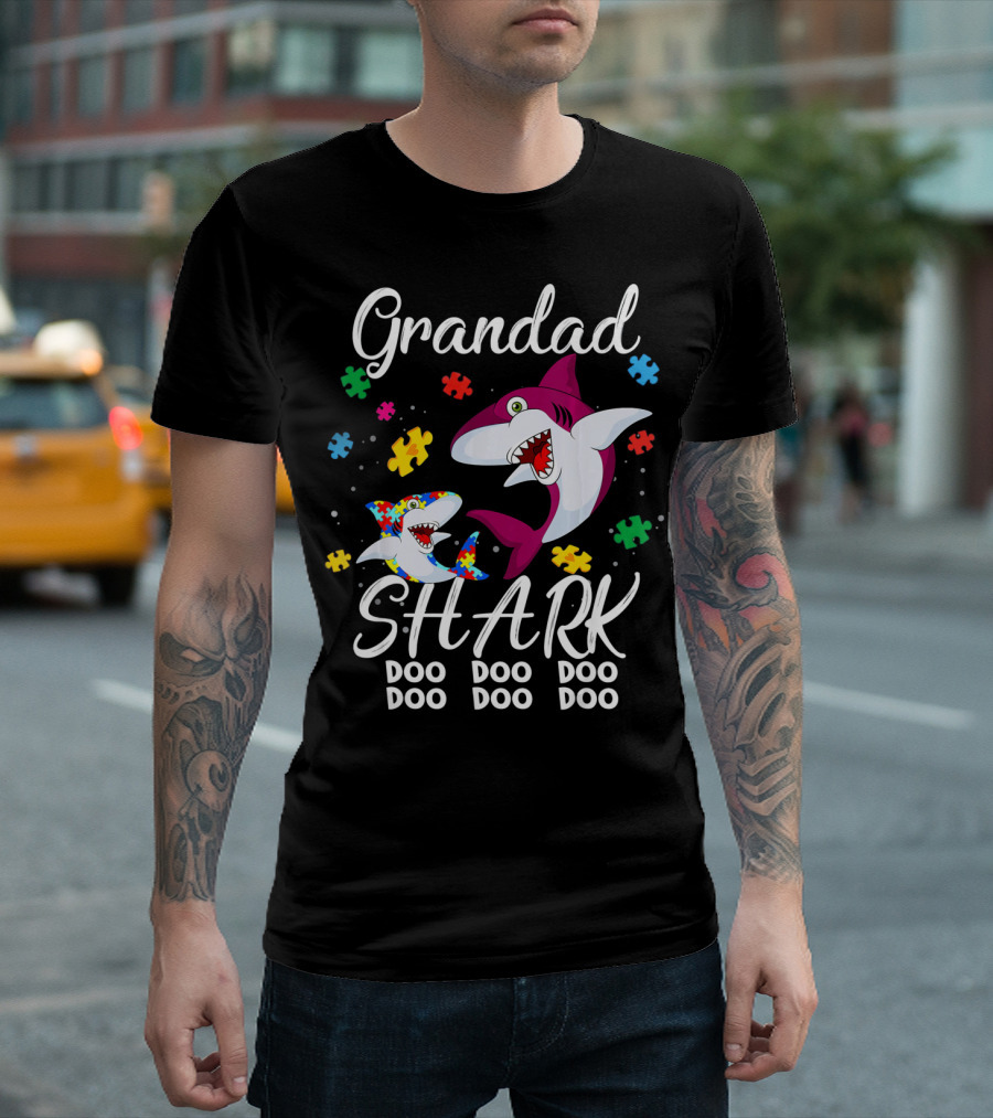 Grandad Shark Doo Doo Doo Doo Autism Awareness Puzzle Pieces T-Shirt