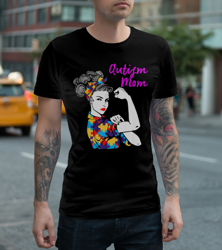 Autism Mom Awareness Iconic Rosie the Riveter Puzzle T-Shirt