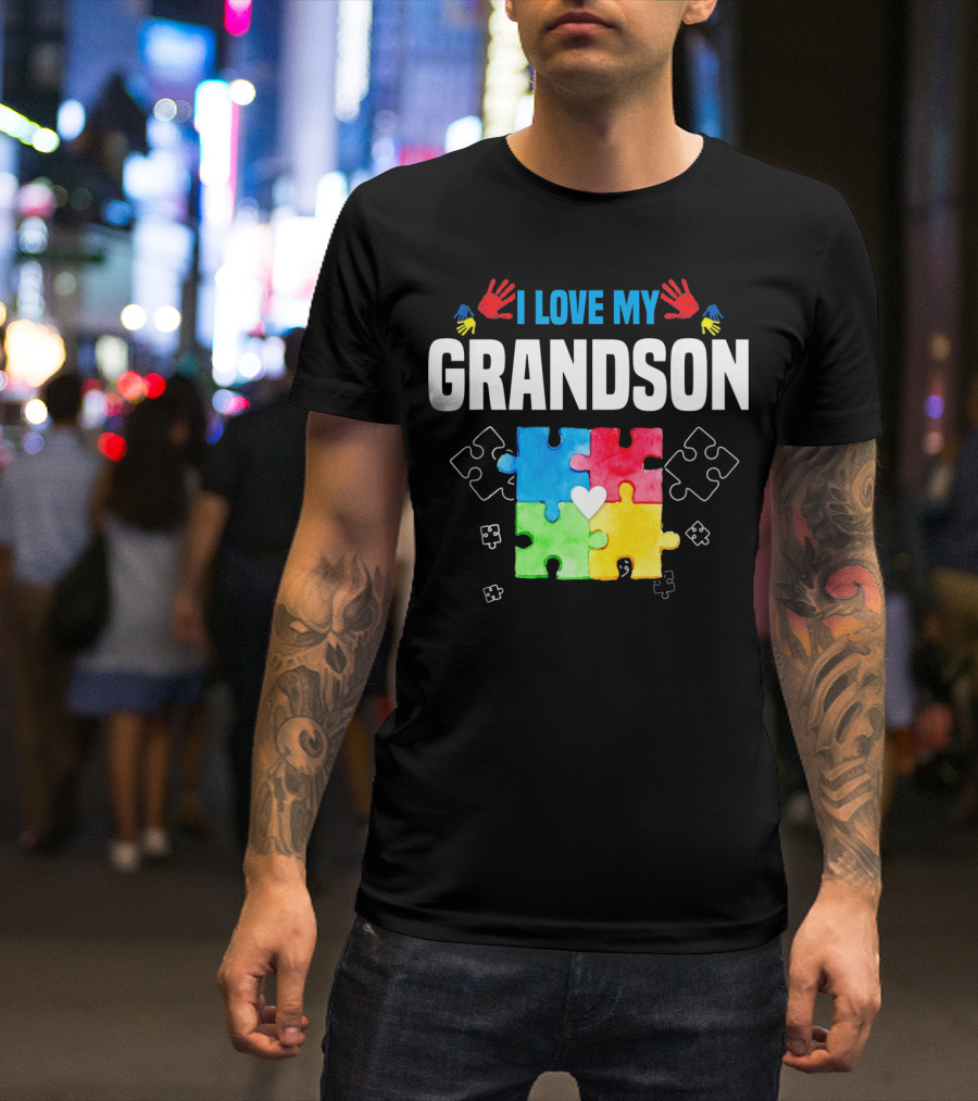 I Love My Grandson Autism Awareness Puzzle Pieces And Colorful Handprints T-Shirt