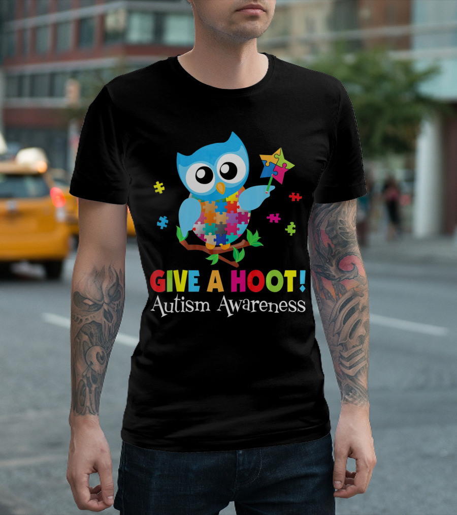 Give a Hoot Autism Awareness Owl Puzzle Pieces T-Shirt