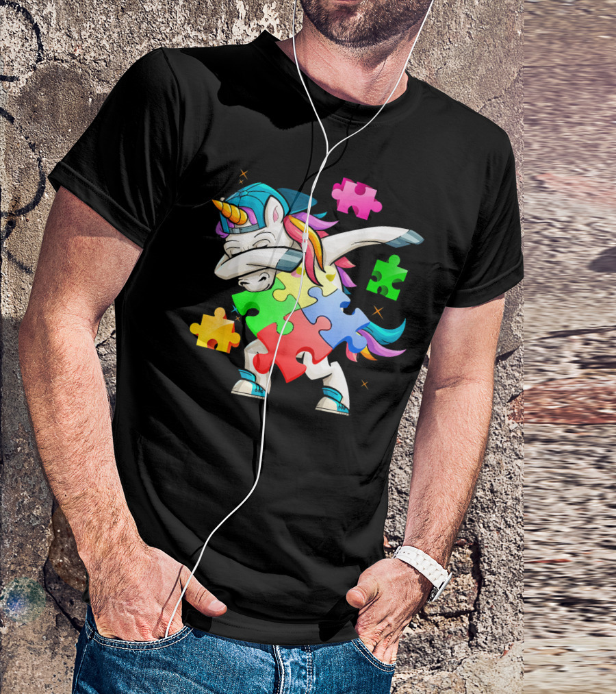 Autism Awareness Dabbing Unicorn Rainbow Puzzle Pieces T-Shirt