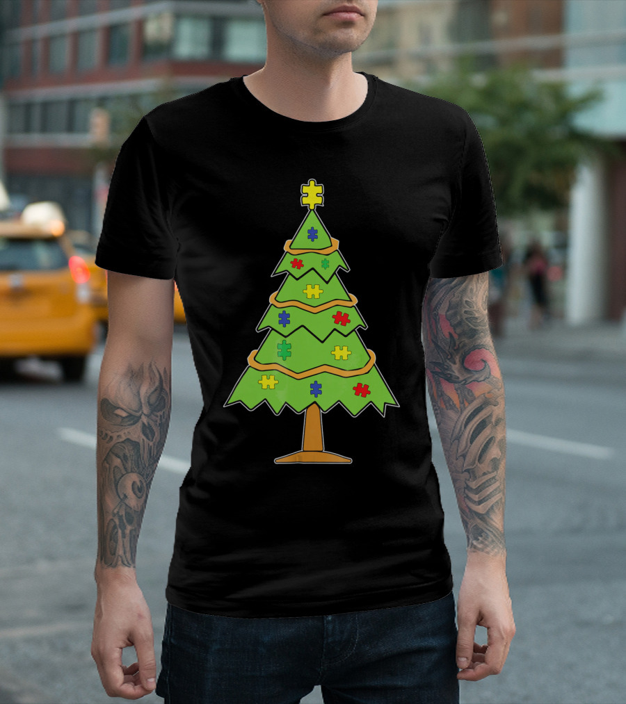 Autism Awareness Christmas Tree with Colorful Puzzle Pieces T-Shirt