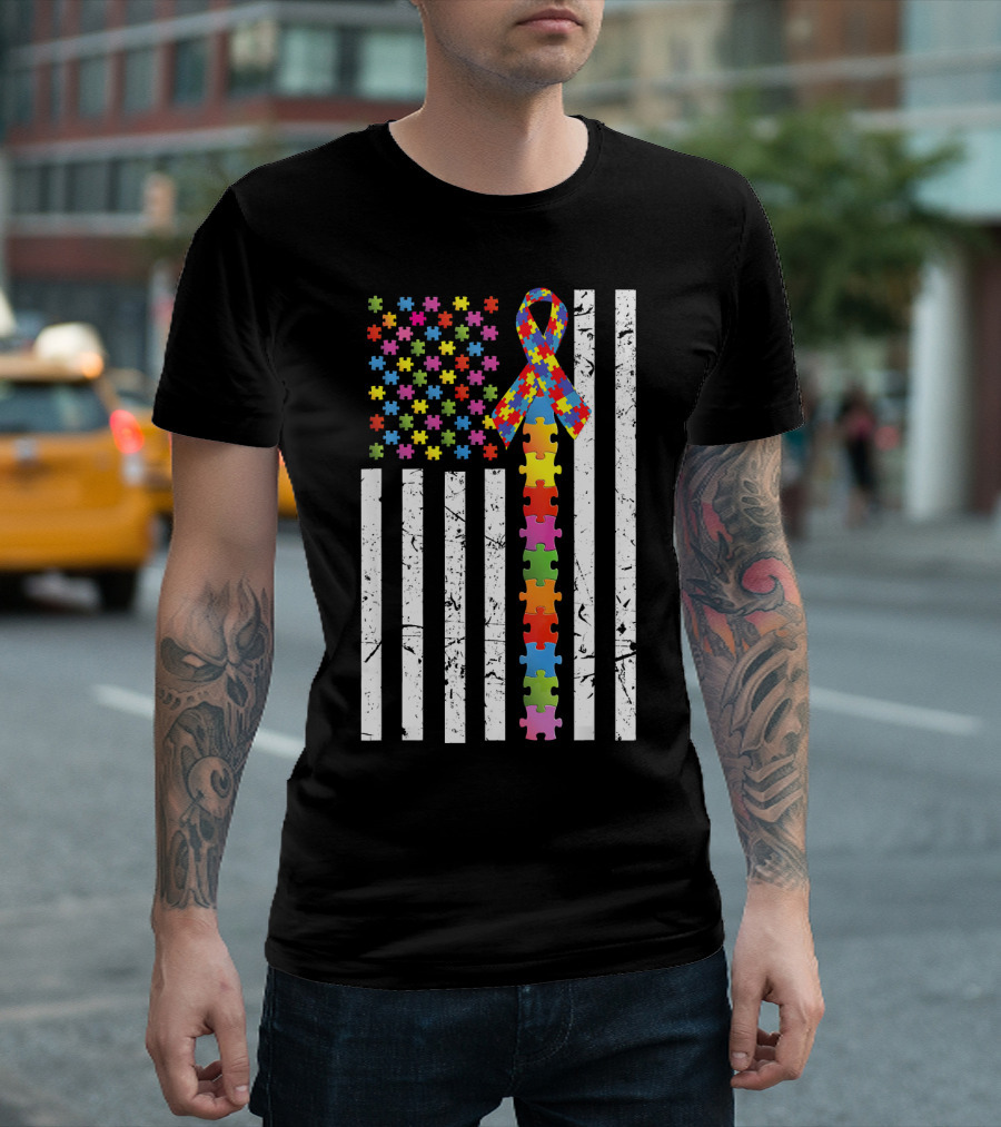 Autism Awareness US Flag Puzzle Ribbon T-Shirt