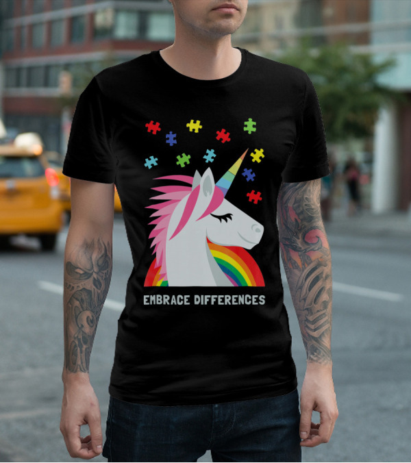 Embrace Differences Unicorn Rainbow Autism Awareness T-Shirt