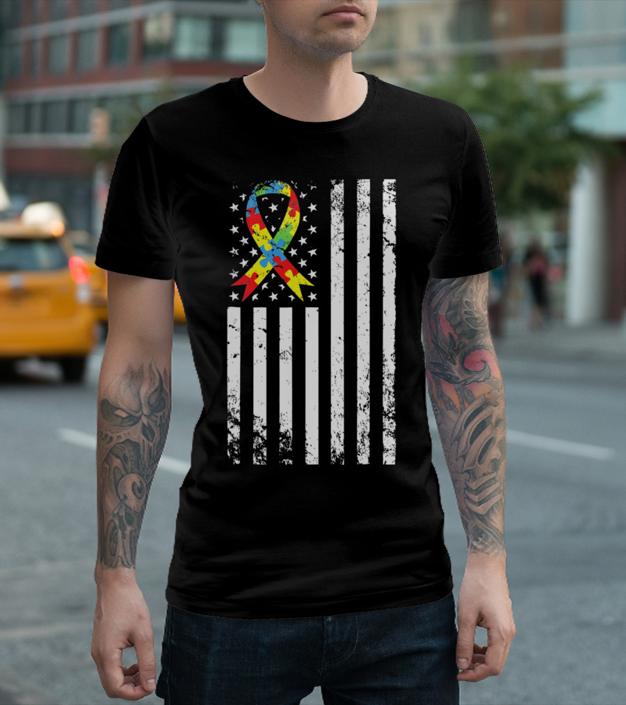 Vintage Autism Awareness Puzzle Ribbon US Flag T-Shirt