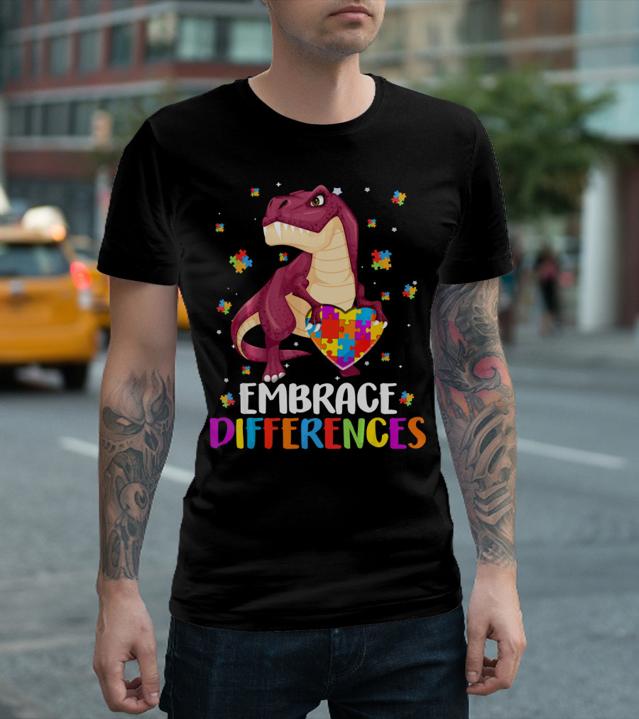 Embrace Differences Dinosaur Puzzle Pieces Autism Awareness T-Shirt