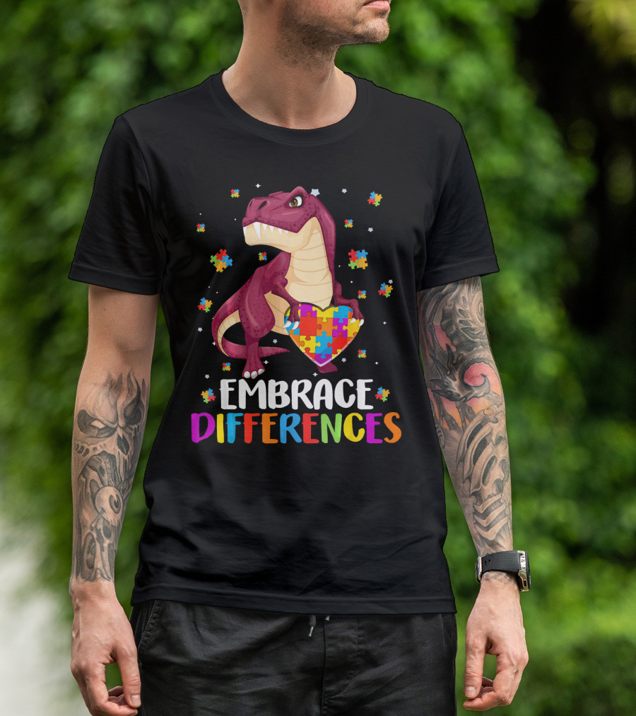 Embrace Differences Dinosaur Puzzle Pieces Autism Awareness T-Shirt