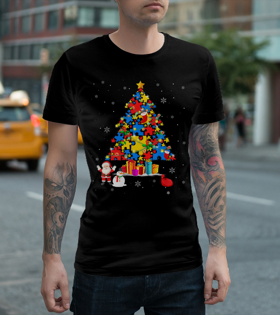 Christmas Trees Autism Awareness Santa Puzzle Snowflakes T-Shirt