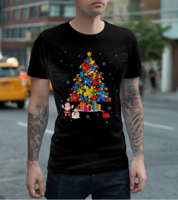 Christmas Trees Autism Awareness Santa Puzzle Snowflakes T-Shirt