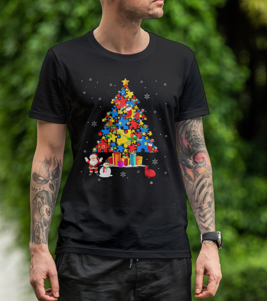 Christmas Trees Autism Awareness Santa Puzzle Snowflakes T-Shirt