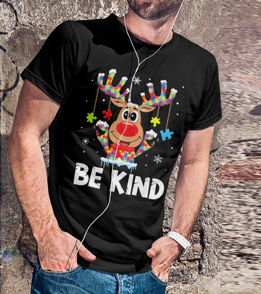 Be Kind Reindeer Puzzle Pieces Autism Awareness T-Shirt