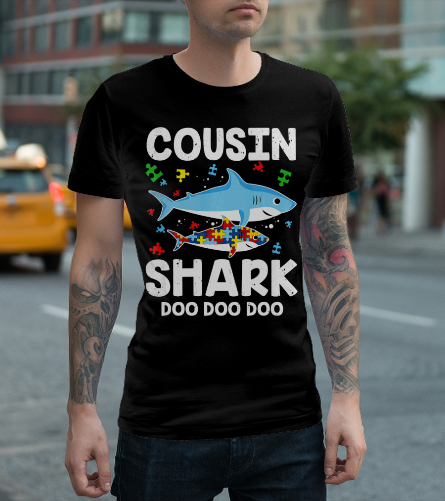 Cousin Shark Doo Doo Doo Autism Awareness Puzzle Pieces T-Shirt