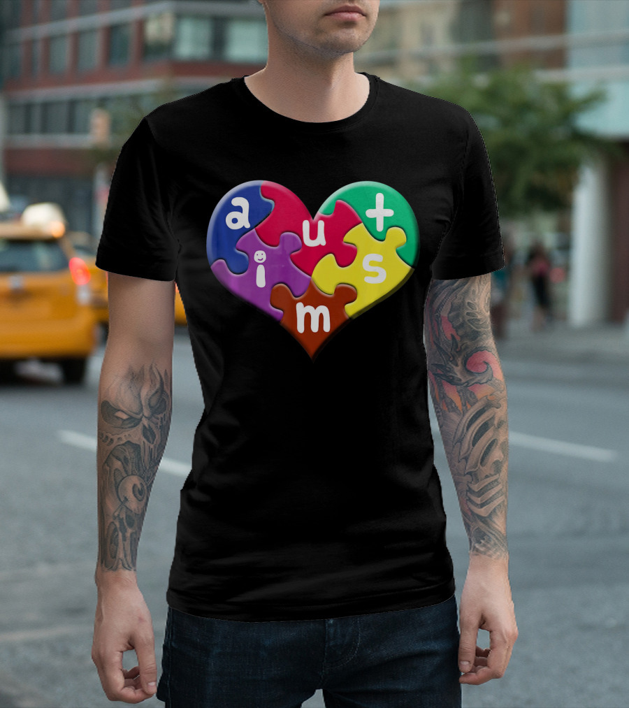 Autism Awareness Heart Puzzle Pieces Love Smile Colorful T-Shirt