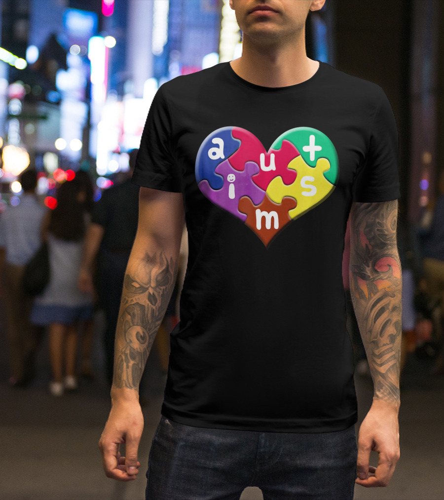 Autism Awareness Heart Puzzle Pieces Love Smile Colorful T-Shirt