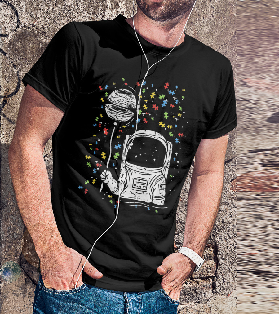 Astronaut Holding Planet Balloon With Puzzle Pieces For Autism Awareness T-Shirt