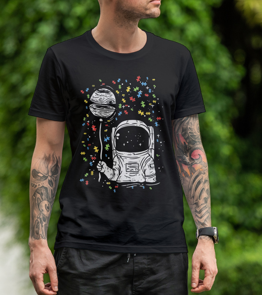 Astronaut Holding Planet Balloon With Puzzle Pieces For Autism Awareness T-Shirt