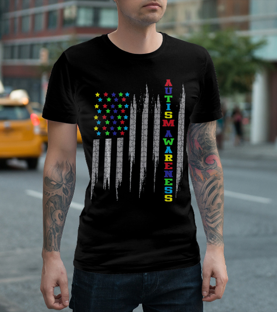 AUTISM AWARENESS DAY USA FLAG PUZZLE STARS T-Shirt