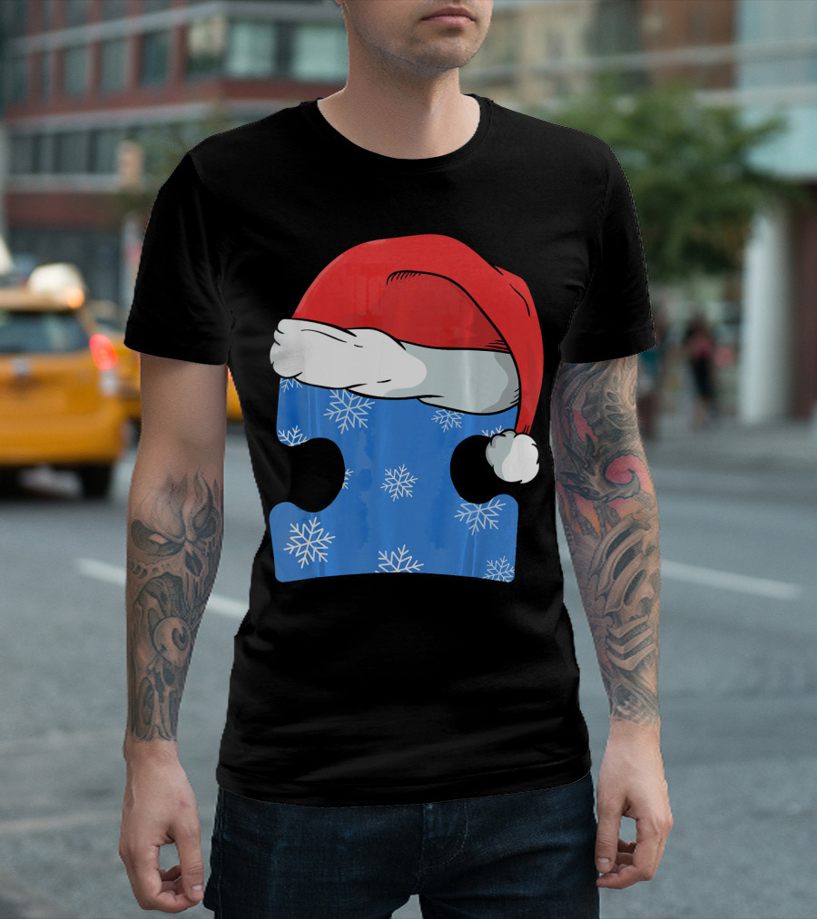 Autism Awareness Puzzle Piece Blue Snowflake Santa Hat T-Shirt