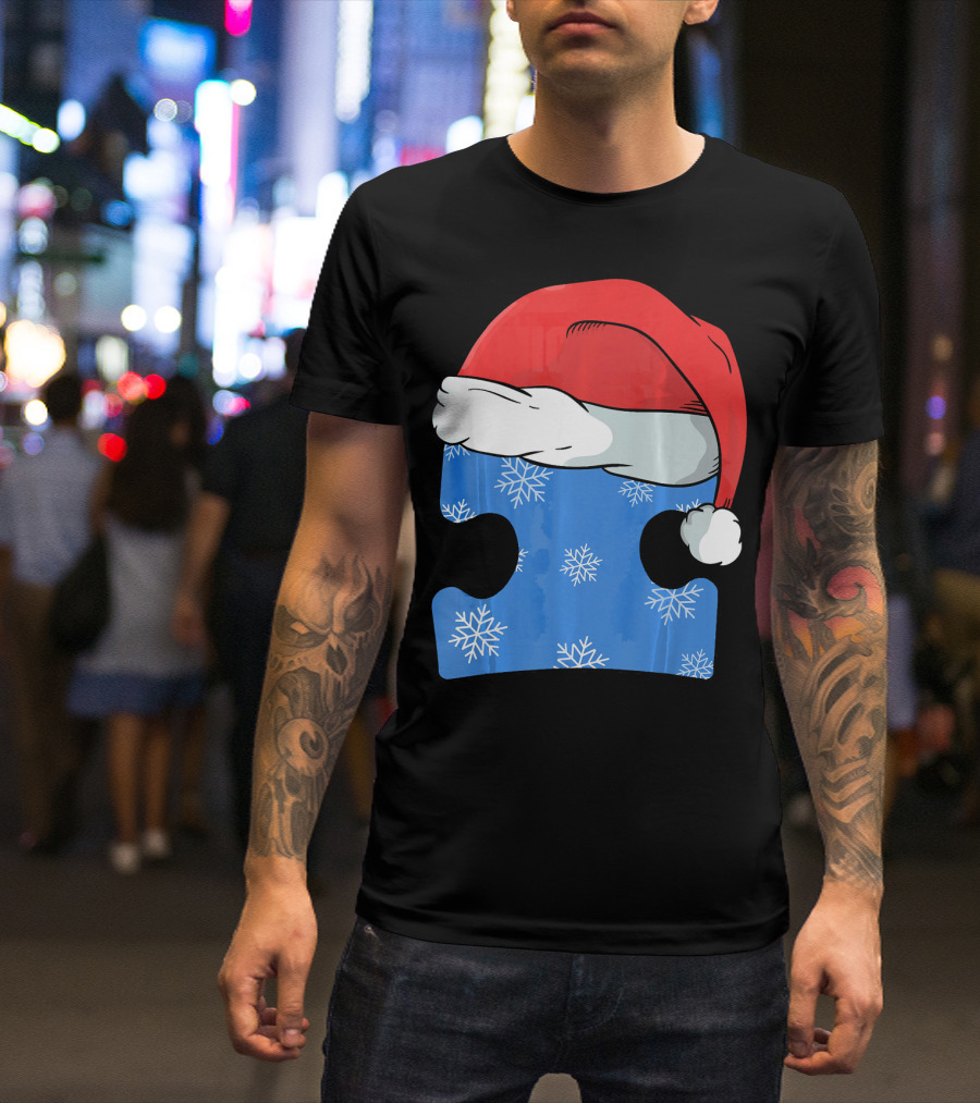 Autism Awareness Puzzle Piece Blue Snowflake Santa Hat T-Shirt