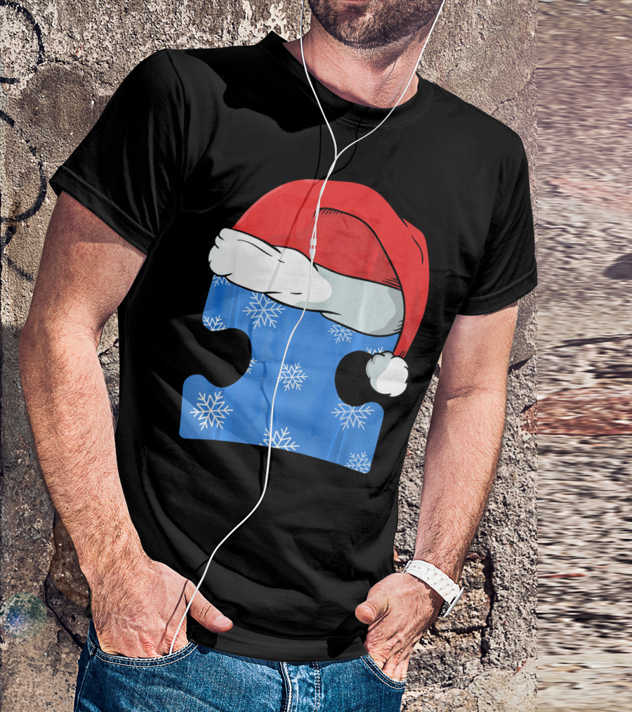Autism Awareness Puzzle Piece Blue Snowflake Santa Hat T-Shirt