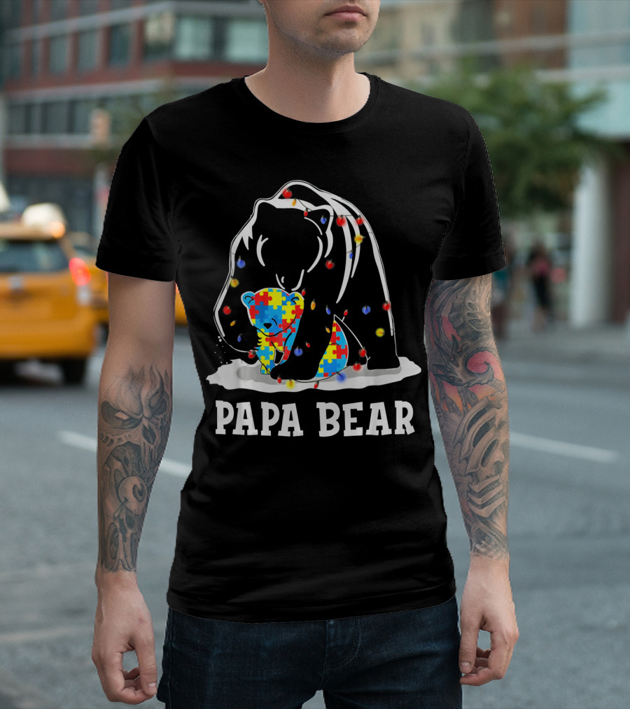 Papa Bear Puzzle Piece Autism Awareness Lights T-Shirt