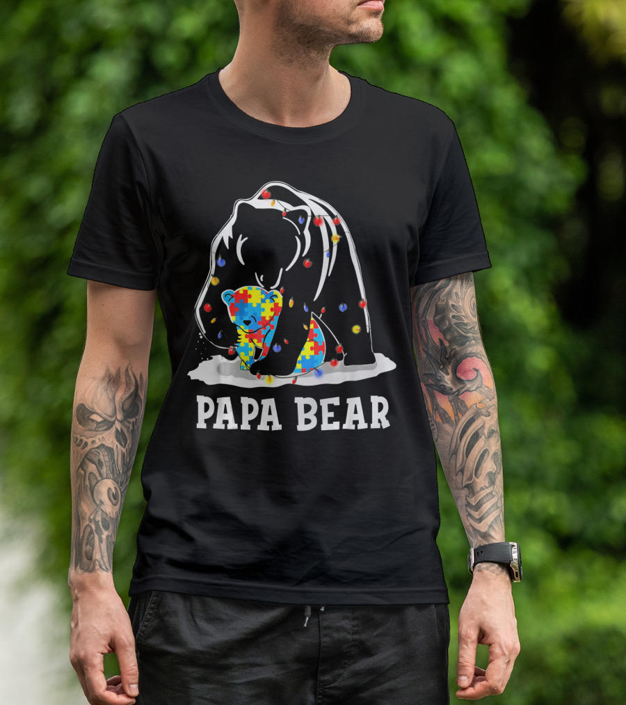 Papa Bear Puzzle Piece Autism Awareness Lights T-Shirt