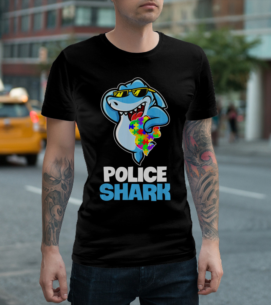 Police Shark Holding Autism Awareness Puzzle Heart T-Shirt