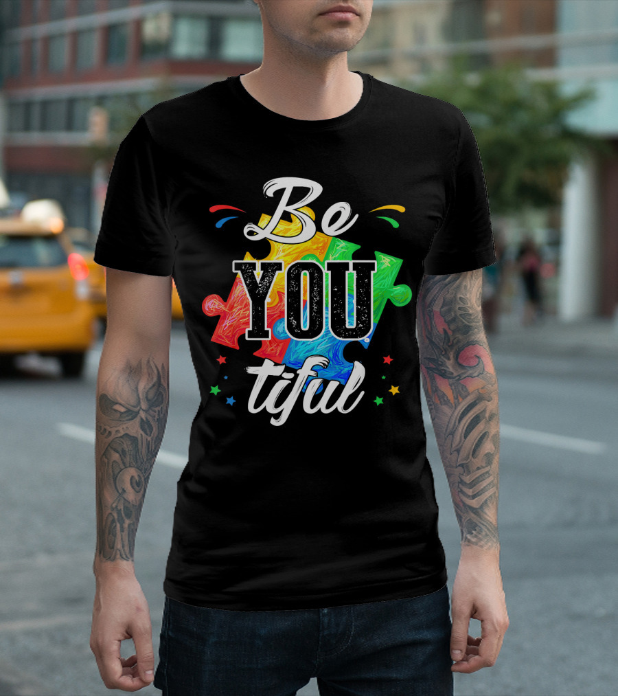 Be You Tiful Autism Awareness Colorful Puzzle Pieces with Stars T-Shirt
