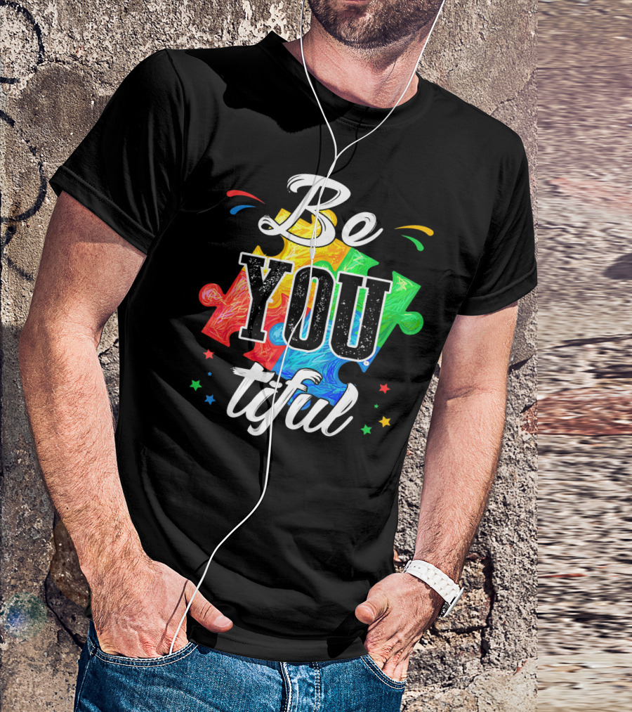 Be You Tiful Autism Awareness Colorful Puzzle Pieces With Stars T-Shirt